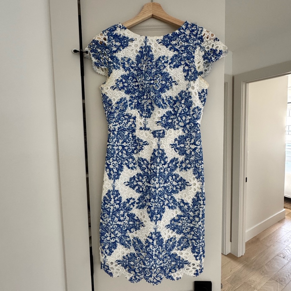 Darling Blue and White Flutter Sleeve Sheath Dress